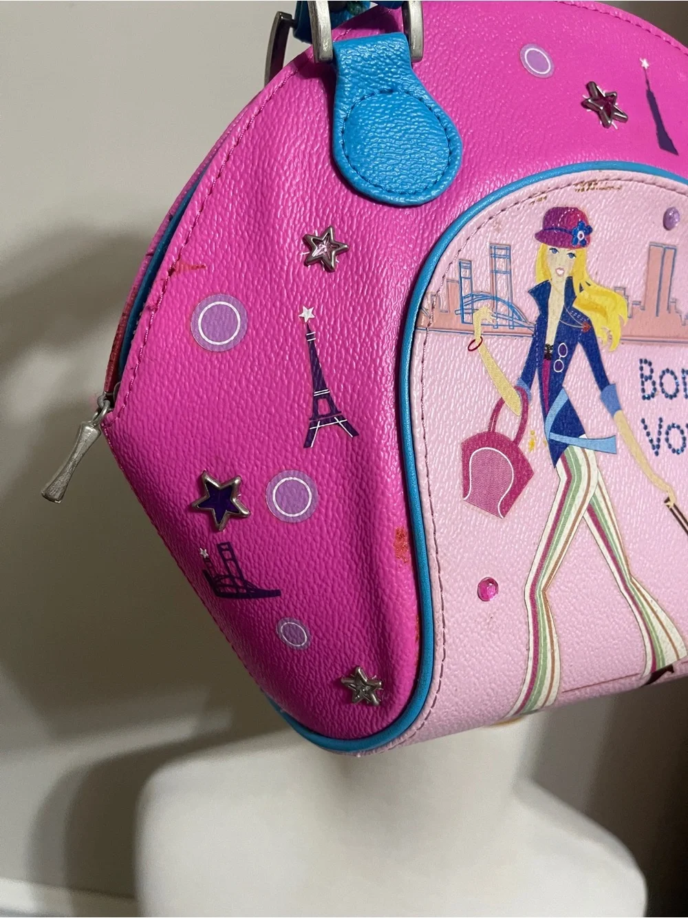 Barbie VTG Bon Voyage Pink & Blue Dome Satchel Bag